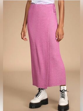 Free People Ribbed Midi Skirt in Pink